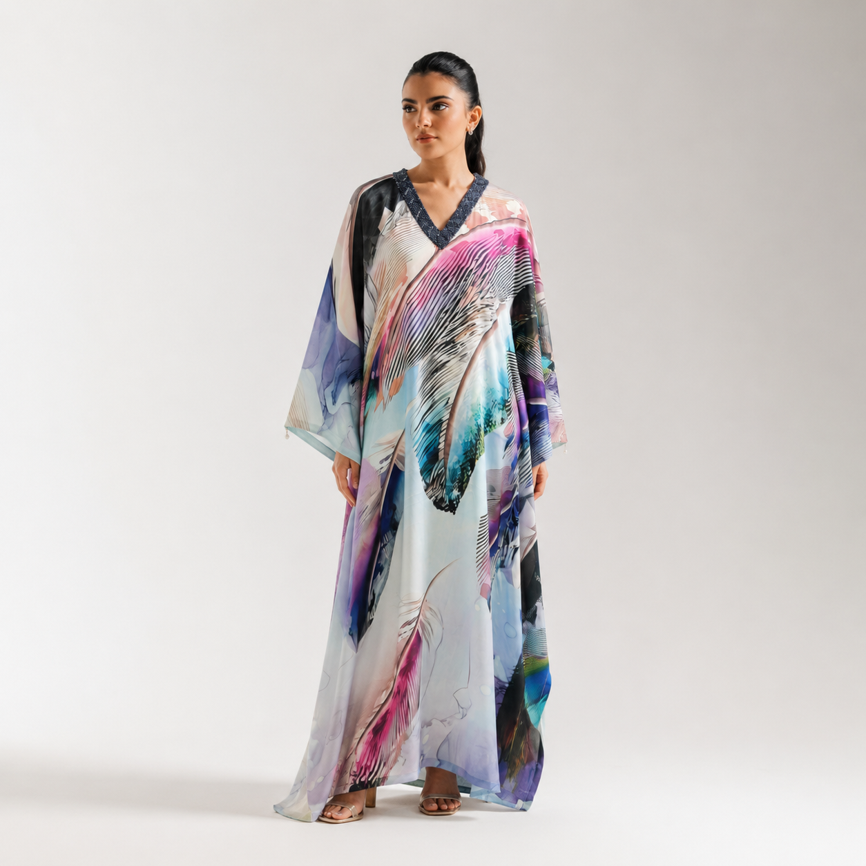 Women's Abstract Feather Print Long Kaftan Dress with V-Neck